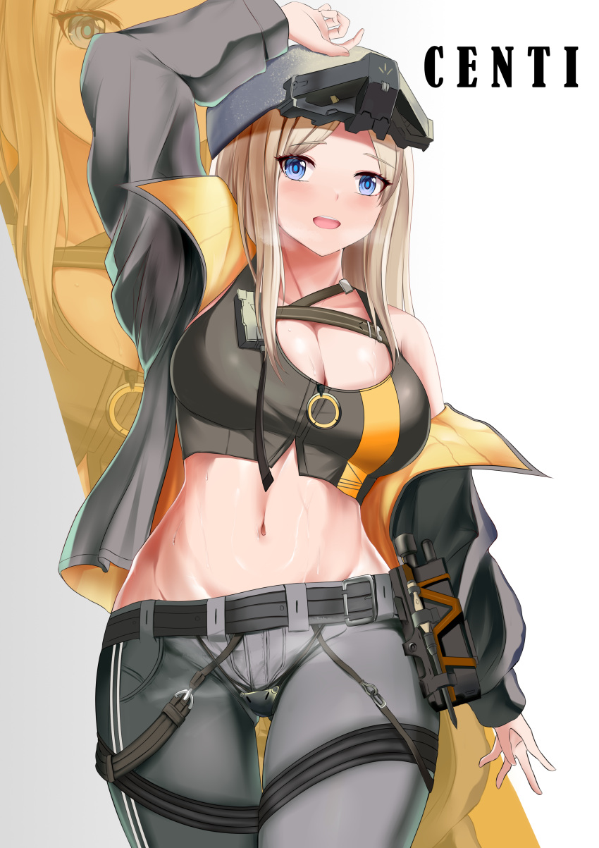 1girl absurdres arm_up ass_visible_through_thighs bangs belt black_belt black_tank_top blonde_hair blue_eyes blush breasts centi_(nikke) character_name chinese_commentary cleavage codpiece collarbone commentary cowboy_shot crop_top goddess_of_victory:_nikke grey_headwear grey_jacket grey_pants groin helmet highres jacket large_breasts long_sleeves looking_at_viewer midriff navel off_shoulder open_clothes open_jacket open_mouth orange_jacket pants parted_bangs sidelocks single_bare_shoulder solo standing steam tank_top teeth thigh_gap tight tight_pants two-sided_fabric two-sided_jacket upper_teeth_only zdj zipper_pull_tab zoom_layer