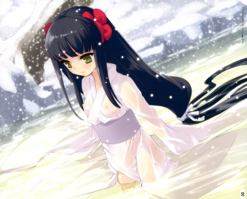 absurdres alice_parade black_hair breasts game_cg green_eyes highres itou_noiji japanese_clothes kimono long_hair medium_breasts nipples see-through solo very_long_hair water wet wet_clothes yaname_(alice_parade)