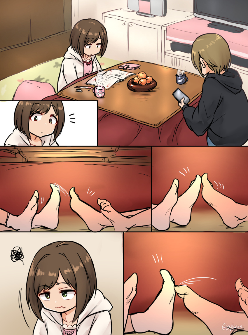 2girls barefoot brown_hair cellphone comic commentary_request cup eyebrows_visible_through_hair feet gojarun green_eyes highres holding holding_cellphone holding_phone idolmaster idolmaster_cinderella_girls indoors kotatsu long_sleeves maekawa_miku multiple_girls phone short_hair sitting socks table tada_riina under_kotatsu under_table wavy_mouth white_legwear