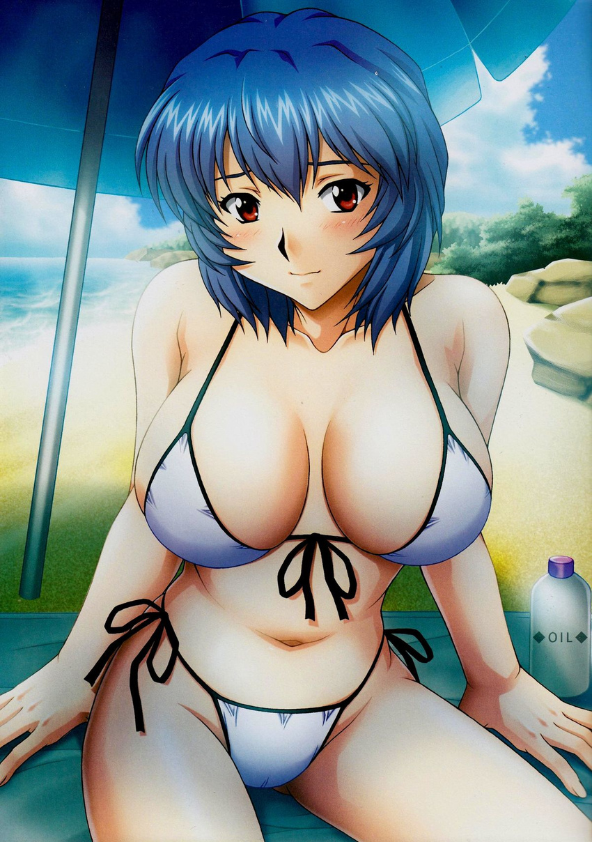 arm_support ayanami_rei beach bikini blue_hair blush breasts cleavage day front-tie_top highres large_breasts navel neon_genesis_evangelion non-web_source parasol red_eyes scan short_hair side-tie_bikini sitting smile solo swimsuit umbrella uninigumi