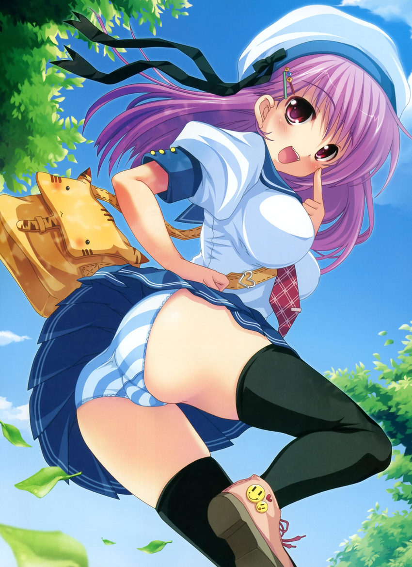 absurdres ass black_legwear blush breasts copyright_request hat highres large_breasts leaf long_hair looking_at_viewer looking_back necktie open_mouth panties purple_eyes purple_hair shoes solo striped striped_panties thighhighs underwear upskirt yuunagi_seshina