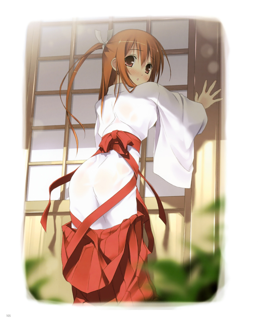 absurdres against_wall ass blush from_behind hakama highres japanese_clothes kantoku long_hair looking_back miko no_panties open_clothes open_mouth orange_hair original pink_eyes ponytail red_hakama scan solo wet wet_clothes