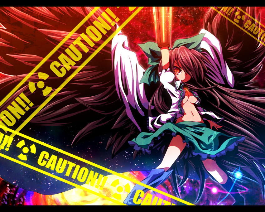 arm_cannon ayakashi_(monkeypanch) breasts brown_hair cleavage letterboxed long_hair medium_breasts navel open_clothes open_shirt red_eyes reiuji_utsuho shirt solo touhou underboob very_long_hair weapon