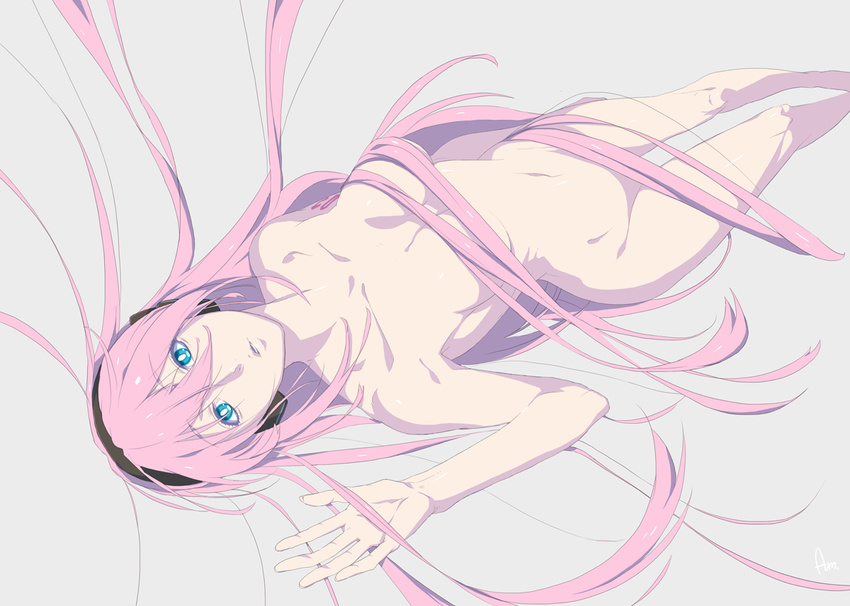 aqua_eyes avtechno! aym breasts censored convenient_censoring dye_(vocaloid) face hair_censor hair_over_breasts hair_over_crotch hands headphones legs long_hair medium_breasts megurine_luka nude pink_hair simple_background solo very_long_hair vocaloid
