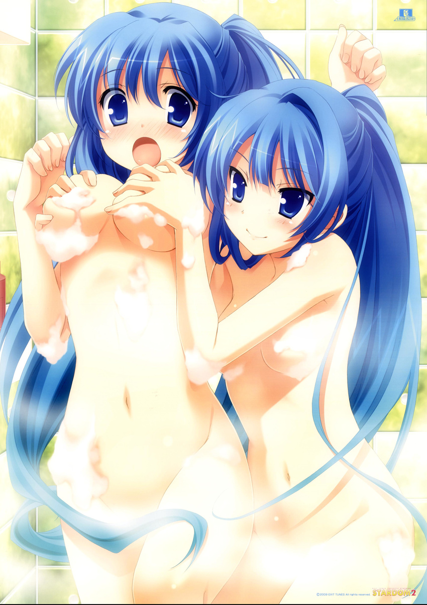 :o absurdres bathroom blue_eyes blue_hair blush breast_grab breasts censored convenient_arm convenient_censoring copyright_request grabbing hair_over_crotch highres long_hair medium_breasts multiple_girls naughty_face navel nude open_mouth ponytail siblings smile soap_bubbles steam steam_censor twins very_long_hair yuri zekkyou_(h9s9)