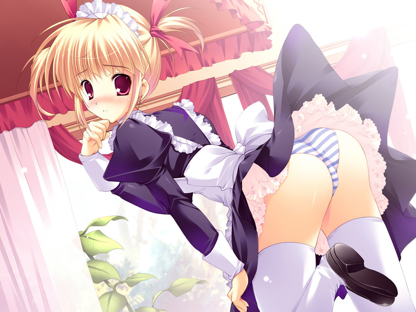 ass blonde_hair blush copyright_request highres looking_back maid mikeou panties red_eyes short_twintails solo striped striped_panties thighhighs twintails underwear