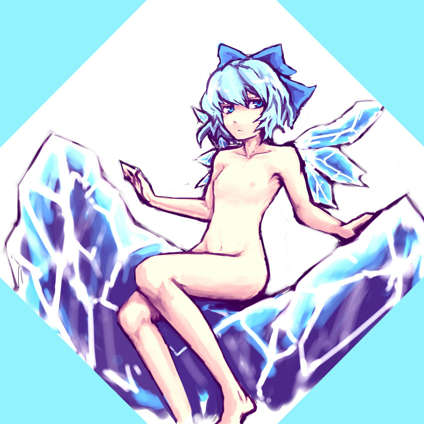 bad_id bad_pixiv_id barefoot blue_eyes blue_hair bow cirno flat_chest hair_bow highres hima_(mizu_ni_tsuyoi) ice nipples nude short_hair sitting sitting_on_object solo touhou wings