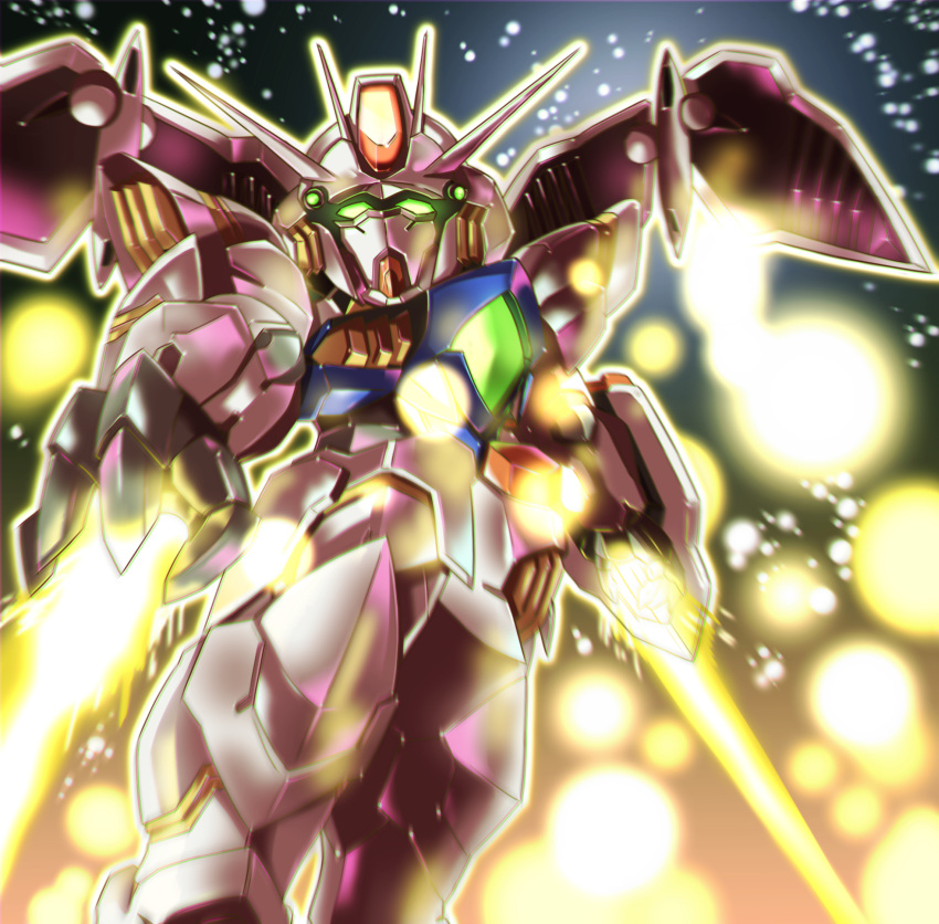 arm_shield beam_saber chibi claws commentary_request daigosan_(k66daigensui) energy_blade glowing glowing_eyes green_eyes gundam gundam_age gundam_legilis highres light_particles mecha mobile_suit no_humans robot sd_gundam shield v-fin wings