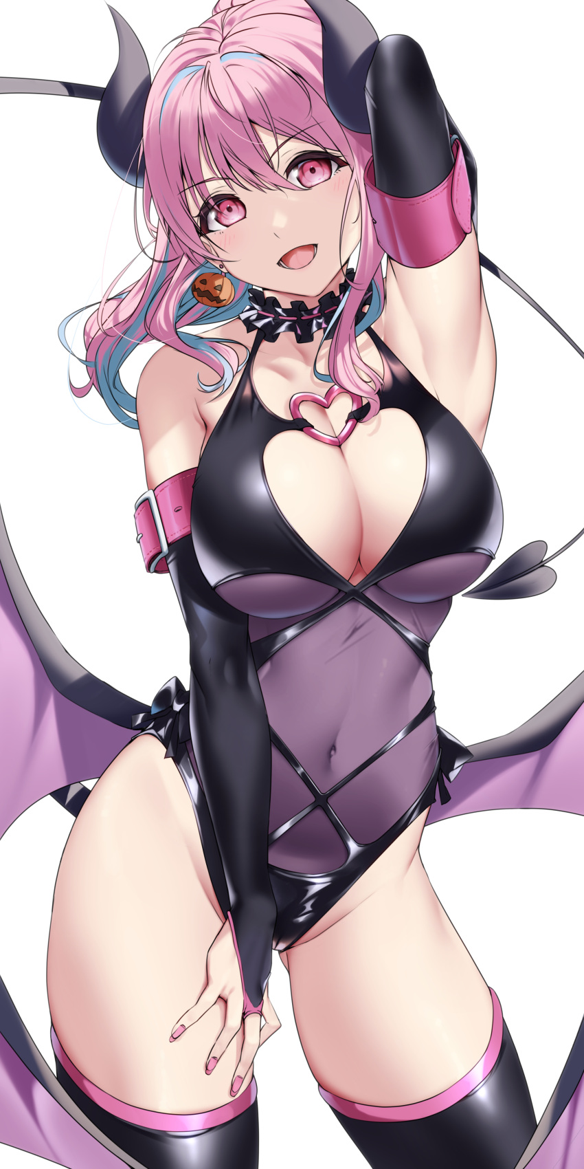 1girl :d absurdres arm_behind_head arm_up armpits bangs bare_shoulders black_gloves black_thighhighs blue_hair breasts bridal_gauntlets cleavage commentary contrapposto demon_costume demon_tail demon_wings earrings elbow_gloves food-themed_earrings gloves hair_between_eyes hand_on_own_thigh head_tilt heart_o-ring highres horns hozuki_kaede jewelry large_breasts leotard long_hair looking_at_viewer low_wings multicolored_hair onii-chan_wa_oshimai! open_mouth pink_eyes pink_hair pumpkin_earrings purple_leotard revealing_clothes simple_background smile solo tail thighhighs two-tone_hair white_background wings yamaori_(yamaorimon)