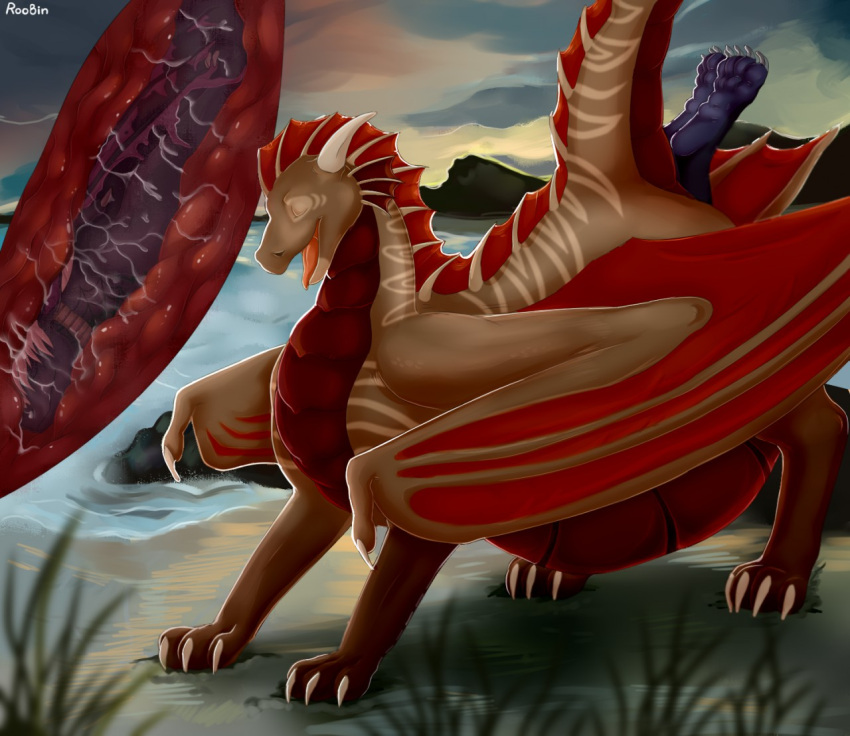 ambiguous_gender anal anal_vore anthro belly big_belly claws cloud dragon duo eyes_closed feral frill_(anatomy) grass head_crest head_frill horn markings membrane_(anatomy) membranous_wings neck_frill open_mouth outside plant purple_body red_body red_frill red_scales red_tongue red_wings roobin scales scalie signature striped_back striped_markings striped_neck striped_tail stripes tail tail_frill tail_markings tan_stripes tongue vore water white_claws white_horn wings