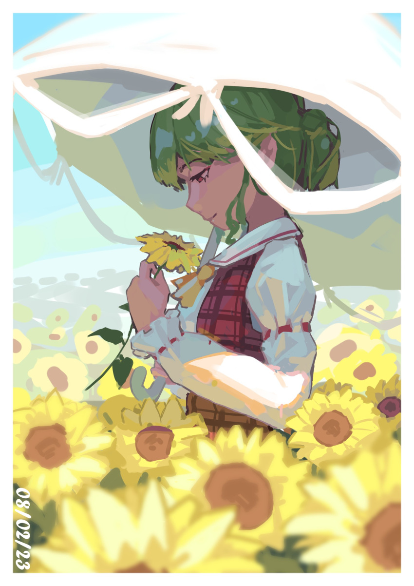 1girl absurdres ascot blurry blurry_background closed_mouth depth_of_field dgt_lemon field flower flower_field from_side garden_of_the_sun green_hair highres holding holding_flower kazami_yuuka parasol plaid plaid_vest red_eyes red_vest short_hair skirt solo sunflower touhou umbrella vest yellow_ascot yellow_flower