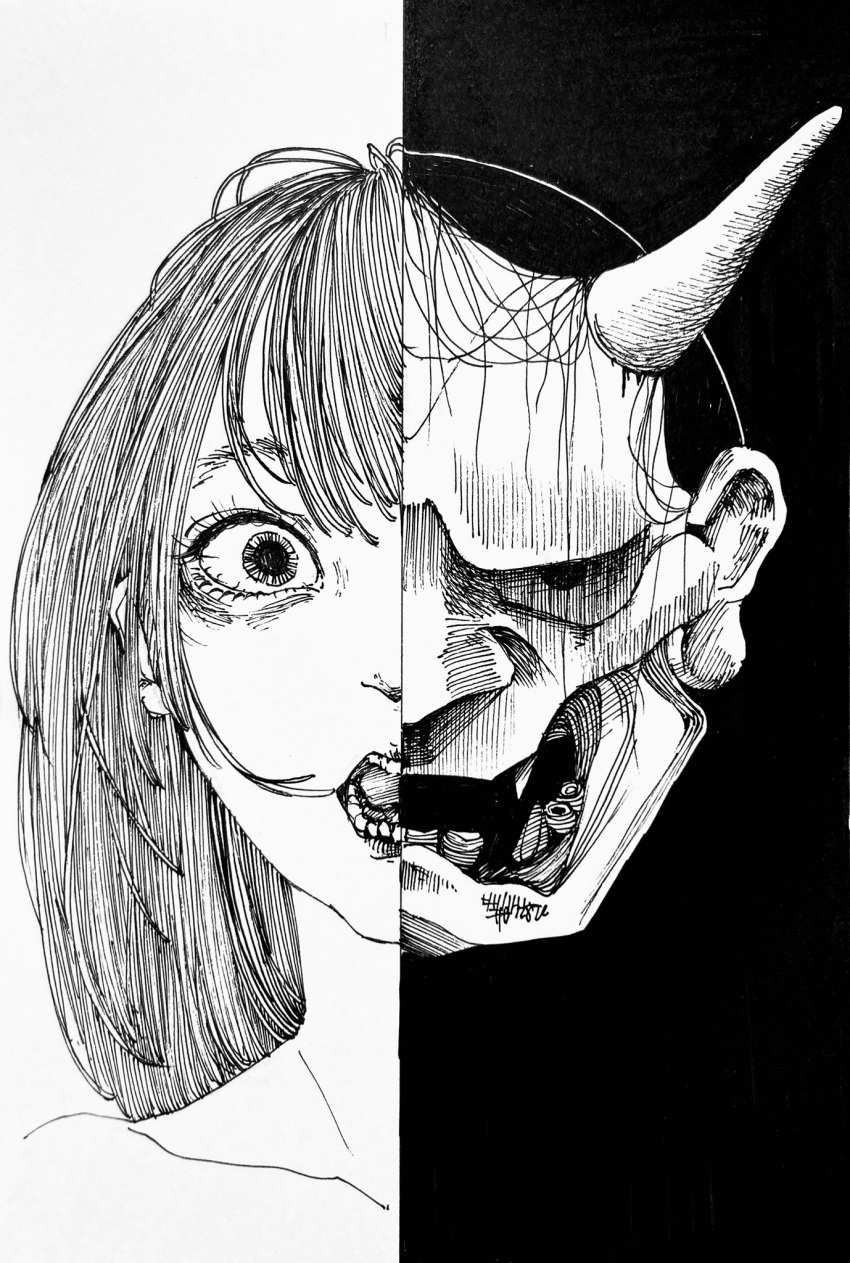 #b7282e 1girl 1other bangs black_background collarbone commentary_request fangs greyscale half-closed_eyes hannya highres horns long_hair looking_at_viewer monochrome open_mouth original portrait sidelocks simple_background split_theme straight-on teeth traditional_media two-tone_background white_background wide-eyed