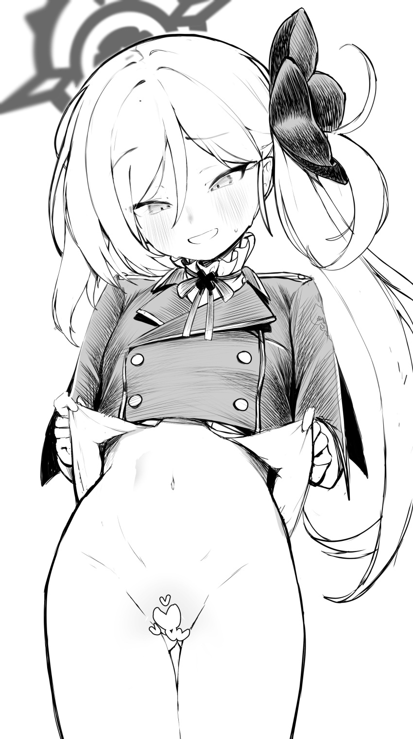 1girl absurdres blue_archive blush bottomless censored clothes_lift cowboy_shot cropped_jacket greyscale grin hair_between_eyes halo heart heart_censor highres lifted_by_self long_hair monochrome mutsuki_(blue_archive) navel side_ponytail simple_background skirt skirt_lift smile solo teriibol thigh_gap white_background