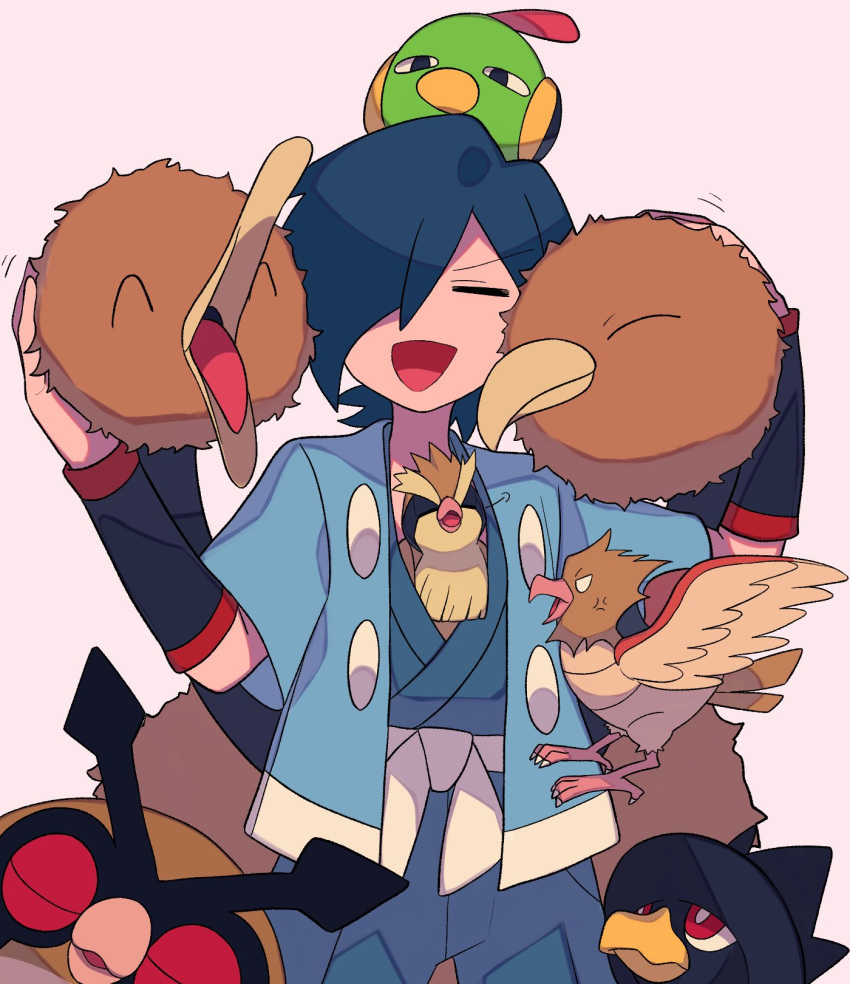 1boy :d bangs bird black_wristband blue_hair blue_jacket blue_kimono closed_eyes commentary_request doduo facing_viewer falkner_(pokemon) hair_over_one_eye hands_up haori highres hoothoot jacket japanese_clothes kimono male_focus murkrow natu open_clothes open_jacket open_mouth pidgey pokemon pokemon_(creature) pokemon_(game) pokemon_hgss sash short_hair short_sleeves smile spearow tyako_089 wristband