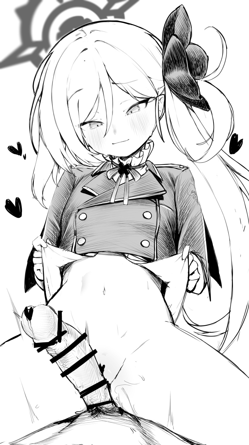 1boy 1girl absurdres bar_censor blue_archive blush bottomless censored closed_mouth clothes_lift cropped_jacket greyscale hair_between_eyes halo heart hetero highres imminent_penetration lifted_by_self long_hair monochrome mutsuki_(blue_archive) navel penis pov side_ponytail simple_background skirt skirt_lift smile solo_focus straddling teriibol white_background