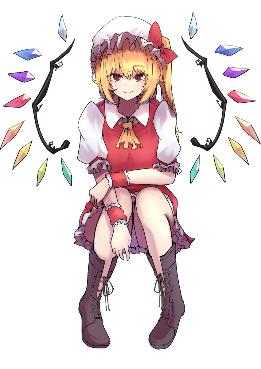 1girl absurdres alternate_footwear ascot bangs blonde_hair boots cross-laced_footwear crystal flandre_scarlet full_body hair_between_eyes hat highres invisible_chair lace-up_boots light_blush looking_at_viewer medium_hair mob_cap one_side_up panties pantyshot red_eyes red_vest short_sleeves simple_background sitting skirt smile solo touhou underwear vest white_background wings wrist_cuffs yagoro_kusuriya