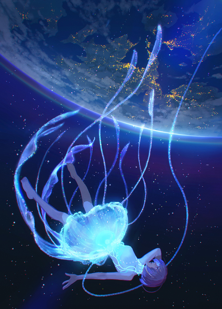 1girl arm_at_side arm_behind_head bare_shoulders black_sky blue_sky dress earth_(planet) floating full_body glowing highres hiko_(scape) jellyfish_girl looking_up night original planet purple_hair short_hair sidelocks sky solo space star_(sky) starry_sky white_dress