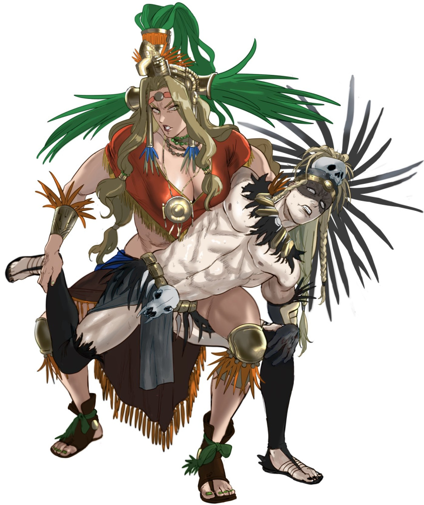 1boy 1girl aztec black_nails blonde_hair breasts cleavage fate/grand_order fate_(series) full_body green_nails highres kitano_gori nail_polish quetzalcoatl_(fate) simple_background tezcatlipoca_(fate) tezcatlipoca_(third_ascension)_(fate) toeless_footwear toenail_polish toenails white_background wrestling