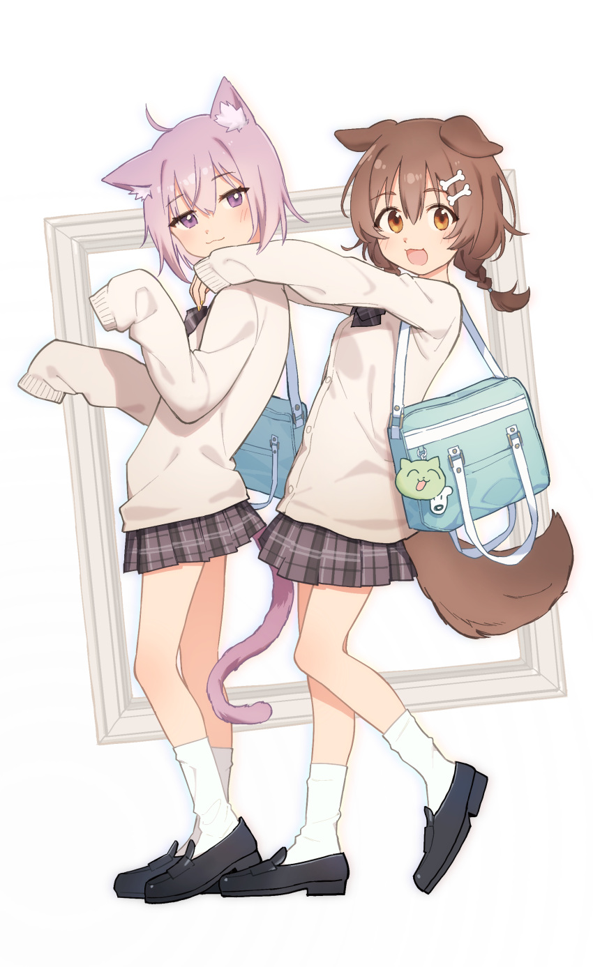 2girls :d absurdres animal_ear_fluff animal_ears bag bag_charm bangs black_footwear blush bone_hair_ornament bow braid brown_cardigan brown_hair cardigan cartoon_bone cat_ears cat_girl cat_tail charm_(object) closed_mouth commentary_request dog_ears dog_girl dog_tail from_side grey_bow grey_skirt hair_between_eyes hair_ornament highres hololive inugami_korone loafers long_hair long_sleeves multiple_girls nekomata_okayu picture_frame plaid plaid_bow plaid_skirt pleated_skirt purple_eyes purple_hair red_eyes school_bag school_uniform shoes simple_background skirt sleeves_past_fingers sleeves_past_wrists smile socks standing standing_on_one_leg tail tugo twin_braids virtual_youtuber white_background white_socks