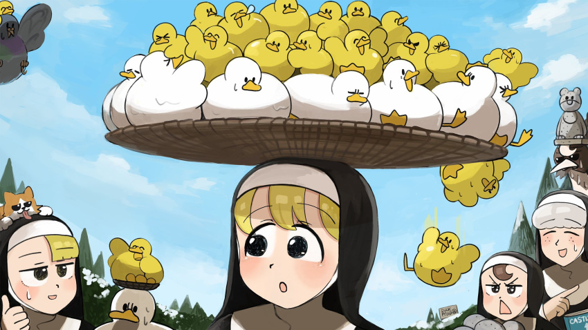 &gt;_&lt; 4girls animal_on_head bird bird_on_head blonde_hair blue_eyes book brown_eyes brown_hair cat cat_on_head catholic chick chicken closed_eyes clumsy_nun_(diva) diva_(hyxpk) duck duckling english_commentary falling freckles froggy_nun_(diva) grey_hair habit highres little_nuns_(diva) multiple_girls nose_bubble nun odd_one_out on_head ostrich pigeon riding sheep_nun_(diva) spicy_nun_(diva) statue sweat sweatdrop thumbs_up triangle_mouth yellow_eyes