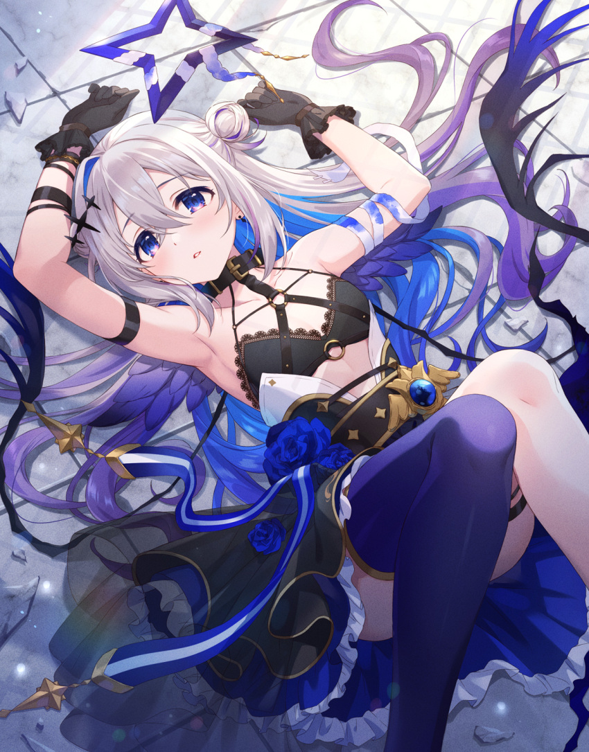 1girl amane_kanata arm_strap armpits arms_up bandaged_arm bandages bangs bare_shoulders black_collar black_gloves blue_eyes blue_flower blue_hair blue_thighhighs blue_wings chest_harness collar collarbone colored_inner_hair commentary_request crossed_bangs double_bun feathered_wings feet_out_of_frame flower frilled_skirt frills from_above gloves grey_hair hair_between_eyes hair_bun halo harness highres hololive knees_up long_hair looking_at_viewer lying mikami_(mcm_ncb) mini_wings multicolored_hair o-ring official_alternate_costume on_back parted_lips purple_hair revision sidelocks single_hair_intake single_thighhigh skirt solo star_halo streaked_hair thigh_strap thighhighs tile_floor tiles virtual_youtuber wings