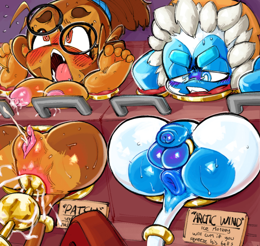 anal_bead_pull anal_beads anthro anus balls bloons_tower_defense blush breasts duo eyewear female genitals glasses goatboydraws haplorhine hi_res ice_monkey_(bloons_td_6) legs_up looking_pleasured male mammal monkey ninja_kiwi patch_(bloons) penis primate public_use pussy sex_toy stuck