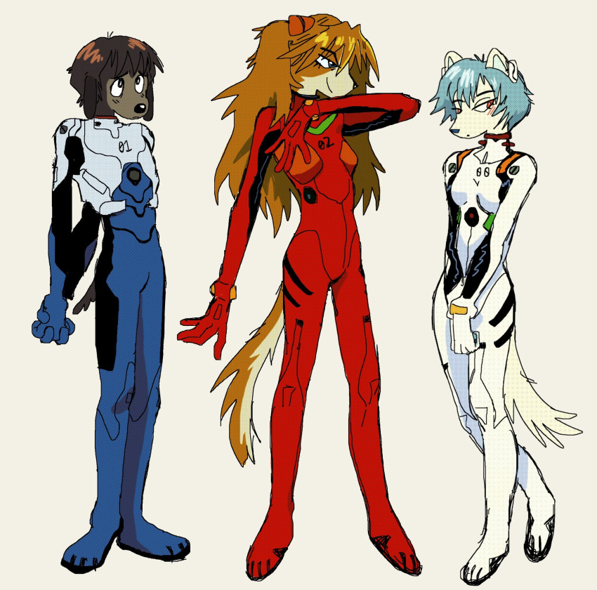 alternate_species anthro asuka_langley_soryu blue_hair blush brown_body brown_fur brown_hair canid canine canis clothing digital_drawing_(artwork) digital_media_(artwork) domestic_dog female fur group hair hi_res looking_aside male mammal moowsiie neon_genesis_evangelion nervous plugsuit red_eyes rei_ayanami shinji_ikari shy skin_tight_suit smile standing tight_clothing trio white_body white_fur