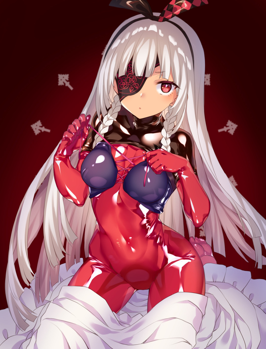 1girl absurdres blush bodysuit braid breasts covered_navel cross-laced_clothes dohna_dohna_issho_ni_warui_koto_o_shiyou dress dress_removed gradient_background grey_hair hairband highres light_blush long_hair looking_at_viewer medium_breasts parted_lips pink_eyes print_eyepatch red_bodysuit seiza side_braids sitting skin_tight solo two-tone_bodysuit tying yammy_(dohna_dohna) yononaka