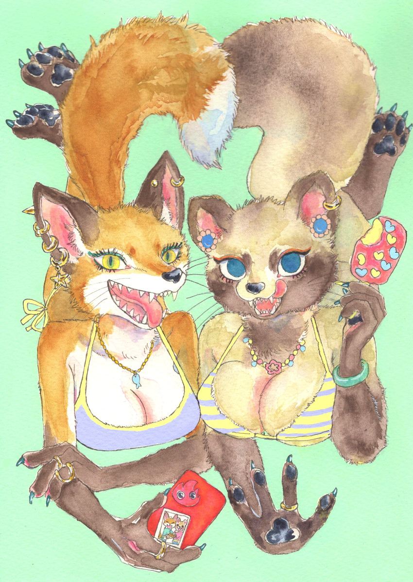 absurd_res anthro blue_eyes breasts brown_body brown_fur canid canine cellphone claws cleavage clothed clothing dessert dipstick_tail duo ear_piercing fangs female female/female food fox fur hi_res ice_cream jewelry licking licking_lips looking_at_viewer lying mammal markings necklace on_front open_mouth open_smile orange_body orange_fur pawpads paws phone piercing pupils raccoon_dog ring_(jewelry) sibaketsu slit_pupils smile smiling_at_viewer tail tail_markings tanuki teeth tongue tongue_out traditional_media_(artwork) yellow_eyes