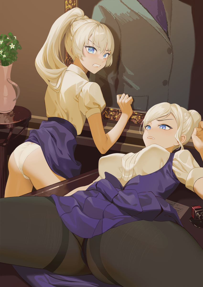 2girls ass bangs blue_eyes breasts brown_pantyhose clenched_teeth flower grin highres large_breasts long_hair looking_at_viewer looking_back lying multiple_girls on_back pantyhose pencil_skirt ponytail portrait_(object) puffy_short_sleeves puffy_sleeves purple_skirt rwby shirt short_sleeves skirt smile spread_legs teeth vase wangxiii weiss_schnee white_flower white_shirt winter_schnee