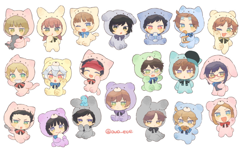 6+boys 6+girls :3 :d ;d amatori_chika animal animal_costume arafune_tetsuji arms_up aua_eoe bangs baseball_cap bear_costume black_hair blonde_hair blue_bow blue_bowtie blue_eyes bottle bow bowtie brown_hair cat cat_costume character_request chibi dog_costume eyewear_on_head food food_on_face full_body glasses green_eyes hat hat_under_hood highres holding holding_bottle holding_food holding_spoon hood hood_up hyuse ikoma_tatsuhito jin_yuuichi kazama_souya kuga_yuuma kusakabe_saki long_hair long_sleeves looking_at_viewer low_twintails midorikawa_shun mikami_kaho mikumo_osamu milk_bottle mole mole_under_eye mouth_hold multicolored_eyes multiple_boys multiple_girls narasaka_touru ninomiya_masataka object_on_head oki_kouji one_eye_closed onesie onigiri purple_eyes rabbit_costume red_bow red_bowtie red_eyes red_hair red_headwear running short_hair simple_background sitting smile snack spoon stuffed_dinosaur tokieda_mitsuru tsuji_shinnosuke twintails twitter_username two-tone_eyes usami_shiori visor_cap waving white_background white_hair world_trigger yellow_eyes yuitsuka_karin