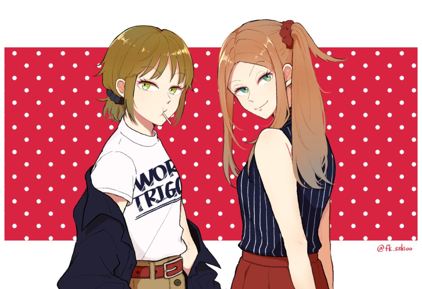 2girls alternate_hairstyle bangs bare_shoulders black_jacket blonde_hair blue_eyes brown_hair candy casual clothes_writing food green_eyes hair_ornament hair_scrunchie jacket konami_kirie light_brown_hair lollipop long_hair long_sleeves looking_at_viewer looking_back looking_to_the_side low_ponytail mouth_hold multiple_girls off_shoulder osano_rui polka_dot polka_dot_background ponytail red_background red_skirt scrunchie shio_(fk_sshioo) shirt short_hair short_sleeves side_ponytail skirt sleeveless smile twitter_username upper_body white_shirt world_trigger
