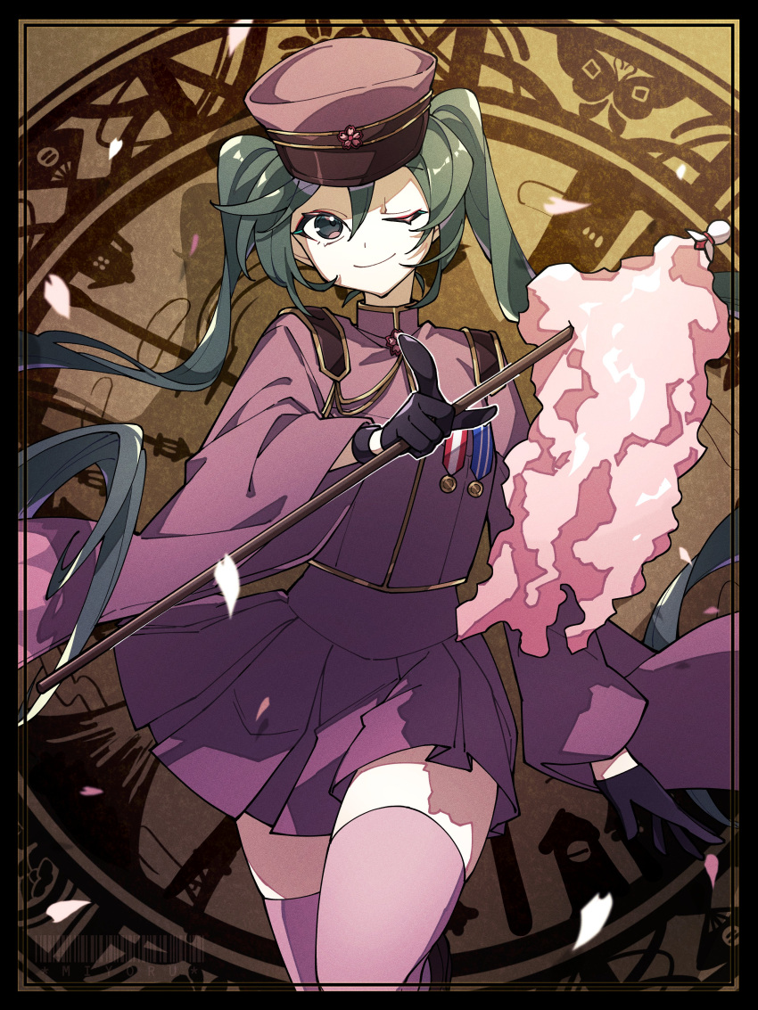 1girl absurdres alternate_hair_color black_border black_gloves border cherry_blossoms closed_mouth coat collared_coat commentary falling_petals floral_print gloves gohei gold_trim green_hair grey_eyes hair_between_eyes hat hatsune_miku highres japanese_clothes long_hair long_sleeves looking_at_viewer medal military military_uniform odd_(miyoru) official_alternate_costume one_eye_closed oonusa outline peaked_cap petals pink_coat pink_skirt pink_thighhighs pleated_skirt pointing pointing_at_viewer sakuramon senbon-zakura_(vocaloid) shadow skirt smile solo thighhighs twintails uniform very_long_hair vocaloid walking white_outline wide_sleeves zettai_ryouiki