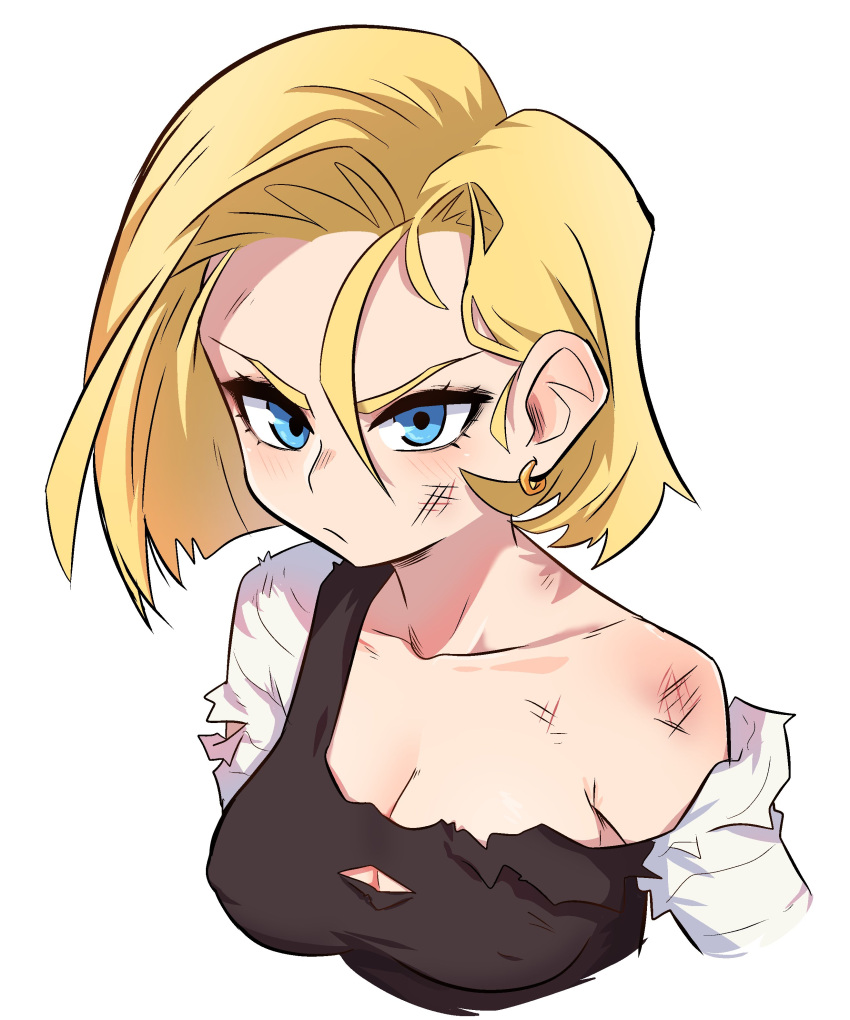 1girl absurdres android_18 battle_damage blonde_hair blue_eyes blush breasts cleavage closed_mouth collarbone dashi dragon_ball dragon_ball_z earrings highres jewelry long_sleeves multicolored_shirt shirt short_hair simple_background solo torn_clothes torn_shirt upper_body v-shaped_eyebrows white_background