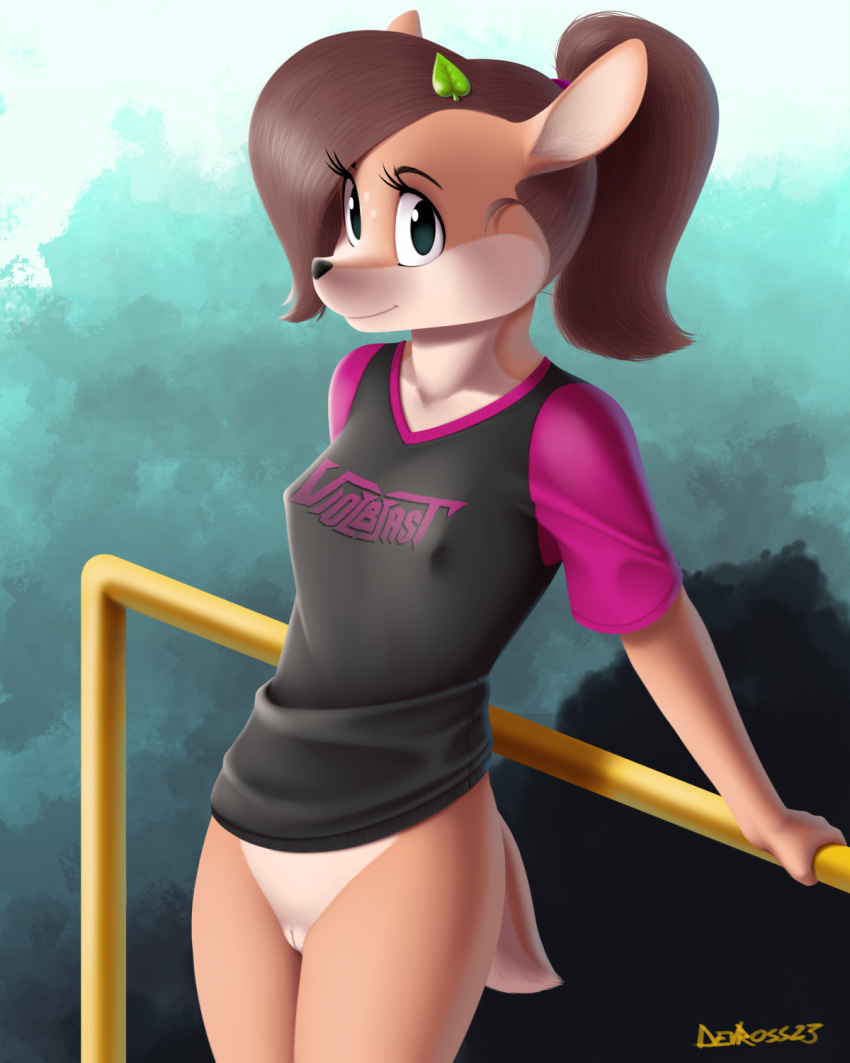 2023 anthro black_nose bottomless clothed clothing deer devo87 digital_media_(artwork) eyebrows eyelashes female hair hi_res mammal outside smile solo teenager text text_on_clothing young