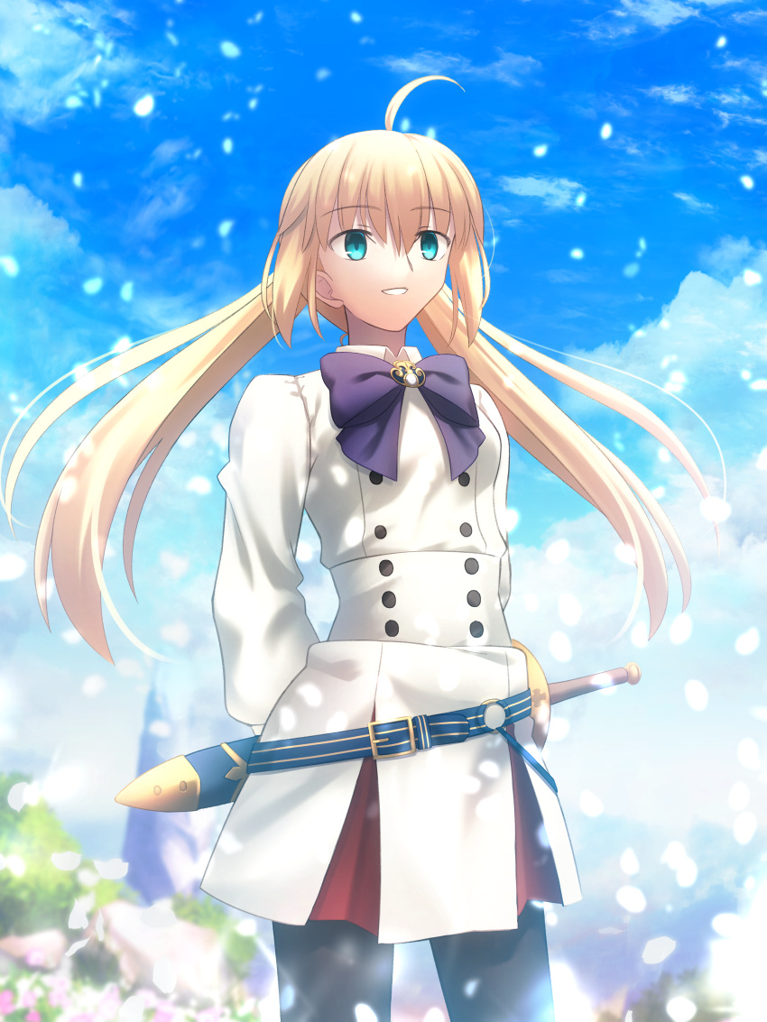 1girl absurdres ahoge aqua_eyes arms_behind_back artoria_caster_(fate) artoria_caster_(second_ascension)_(fate) artoria_pendragon_(fate) bangs belt belt_buckle black_pantyhose blonde_hair blue_belt blue_bow blue_sky bow bowtie buckle buttons cloud commentary day dress fate/grand_order fate_(series) grin hair_between_eyes highres long_hair long_sleeves looking_away outdoors pantyhose petals revision sheath sheathed shoori_(migiha) short_sword sky smile solo sword takeuchi_takashi_(style) twintails weapon white_dress