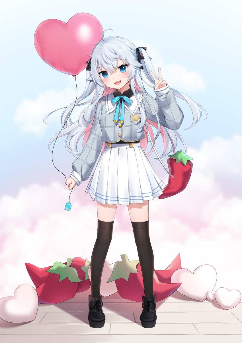 1girl :d absurdres amashiro_natsuki bag balloon bangs black_bow black_footwear black_shirt black_thighhighs blue_bow blue_eyes blush bow chili_pepper collared_shirt commentary_request fang full_body grey_hair grey_jacket hair_between_eyes hair_bow hand_up head_tilt heart_balloon highres holding holding_balloon indie_virtual_youtuber jacket kagura_nana long_hair long_sleeves looking_at_viewer multicolored_hair pink_hair pleated_skirt puffy_long_sleeves puffy_sleeves shirt shoes shoulder_bag skirt sleeves_past_wrists smile solo standing thighhighs two-tone_hair two_side_up v very_long_hair virtual_youtuber white_skirt