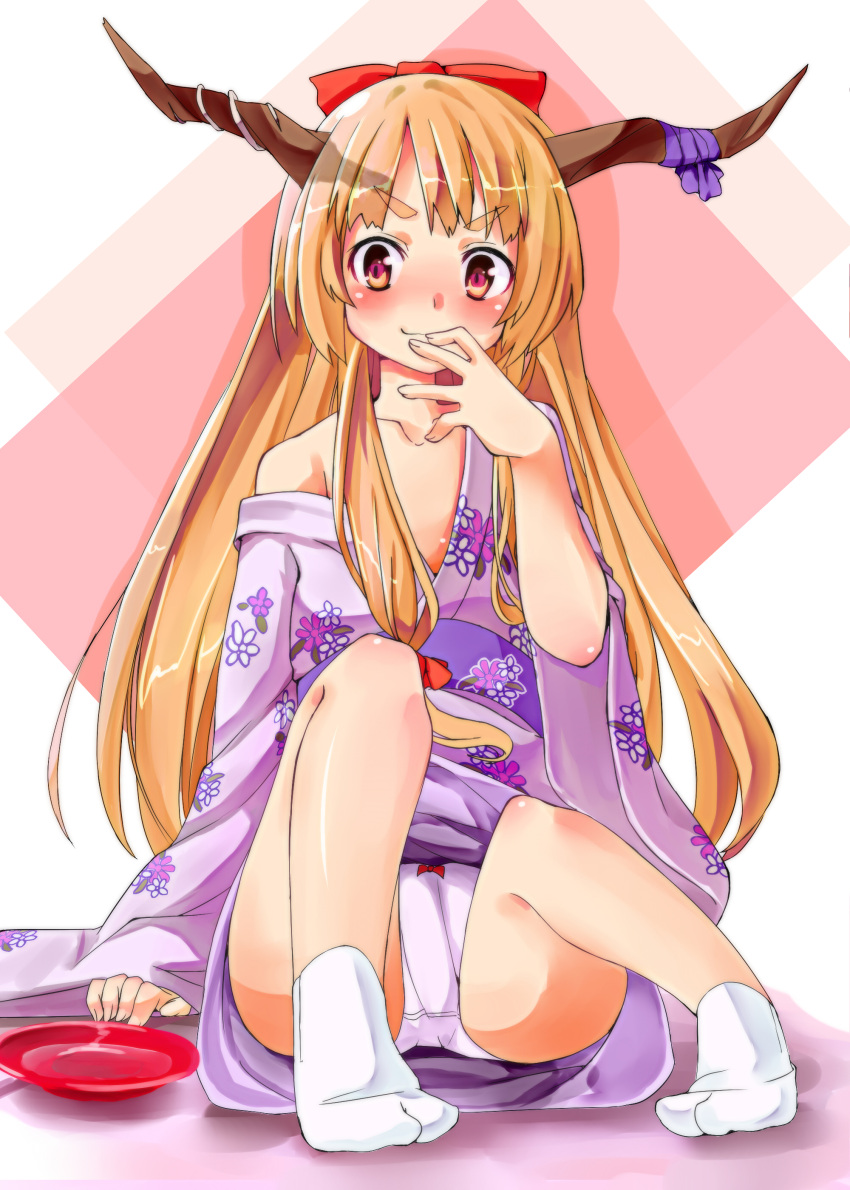 1girl :3 absurdres alcohol alternate_costume bangs blonde_hair blush body_blush bow brown_eyes brown_horns closed_mouth commentary_request cup drunk flat_chest floral_print full_body hair_bow hand_to_own_mouth highres horn_ornament horn_ribbon horns ibuki_suika japanese_clothes kimono long_hair looking_at_viewer off_shoulder panties pink_background pink_kimono pink_panties print_kimono purple_ribbon red_bow ribbon sakazuki sake sekira_ame sitting smile socks solo tabi touhou underwear very_long_hair white_background white_socks wide_sleeves