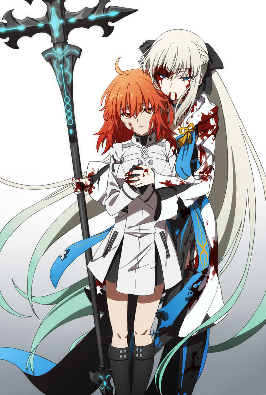 2girls black_footwear black_gloves black_skirt blood blood_on_clothes blood_on_face blood_on_hands boots braid chaldea_uniform fate/grand_order fate_(series) fujimaru_ritsuka_(female) gloves highres holding holding_hands holding_staff knee_boots long_hair morgan_le_fay_(fate) multiple_girls oiun orange_eyes orange_hair skirt staff torn_clothes white_hair