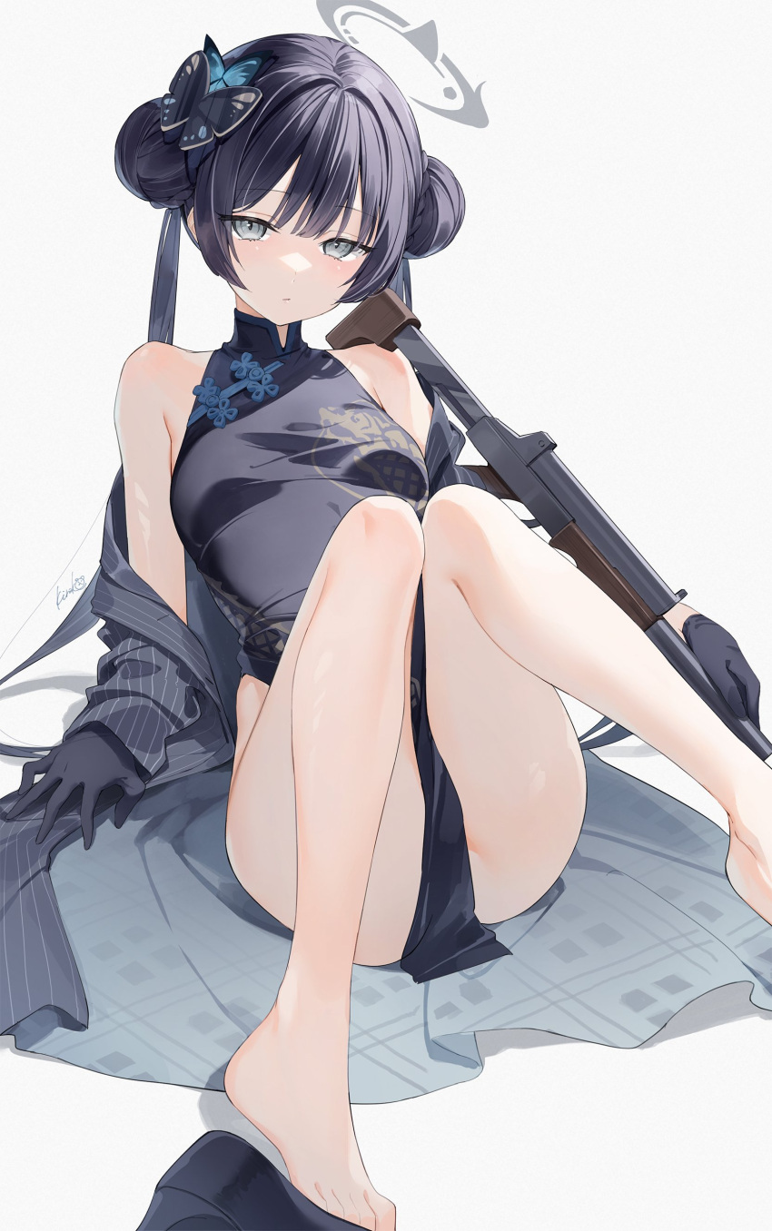 1girl :/ absurdres bangs bare_legs barefoot black_coat black_dress black_gloves black_hair blue_archive breasts butterfly_hair_ornament china_dress chinese_clothes closed_mouth coat cs/ls06 double_bun dress foot_out_of_frame gloves grey_eyes gun hair_bun hair_ornament halo highres kinako_(shiratama_mochi) kisaki_(blue_archive) knees_together_feet_apart leaning_back legs long_hair long_sleeves looking_at_viewer off_shoulder open_clothes open_coat pelvic_curtain signature sitting sleeveless sleeveless_dress small_breasts solo striped_coat submachine_gun thighs twintails weapon