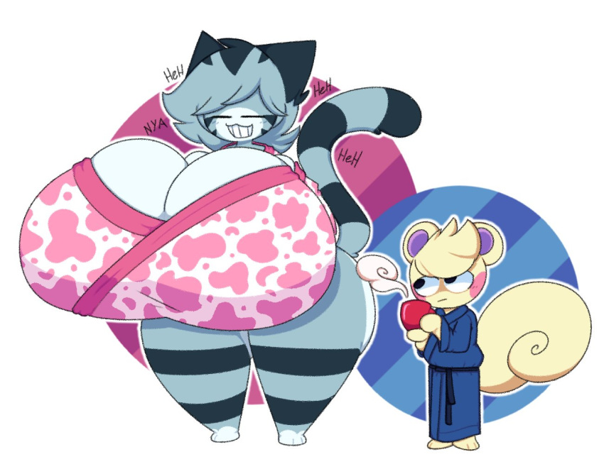 2021 animal_crossing anthro asian_clothing beady_eyes beverage big_breasts blowing breasts clothed clothing coffee coffee_cup coffee_mug container cup dewy-eyedboy digital_drawing_(artwork) digital_media_(artwork) domestic_cat duo east_asian_clothing english_text eyelashes felid feline felis female fully_clothed fur giggling grey_body grey_fur grey_hair hair huge_breasts hyper japanese_clothing kimono lolly_(animal_crossing) male mammal marshal_(animal_crossing) nintendo pantsless pink_clothing rodent sciurid standing text tree_squirrel white_body white_fur white_hair