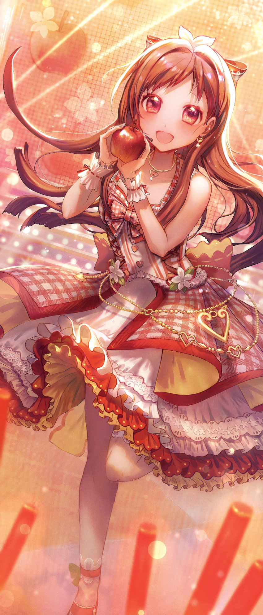1girl absurdres antenna_hair blunt_ends blush brown_hair dress food fruit glowstick highres holding holding_food holding_fruit idol idolmaster idolmaster_cinderella_girls idolmaster_cinderella_girls_starlight_stage petticoat plaid plaid_dress red_eyes smile solo stage standing standing_on_one_leg syouyugoblin tsujino_akari wrist_cuffs