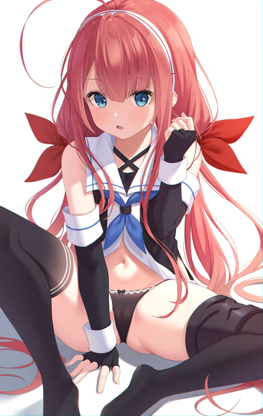 1girl absurdres ahoge black_gloves black_panties black_serafuku black_thighhighs blue_eyes blue_neckerchief blush fingerless_gloves gloves hair_ribbon hairband highres kantai_collection kawakaze_(kancolle) long_hair navel neckerchief open_mouth panties red_hair red_ribbon ribbon school_uniform serafuku sidelocks simple_background solo thighhighs underwear white_background white_hairband xue_lu