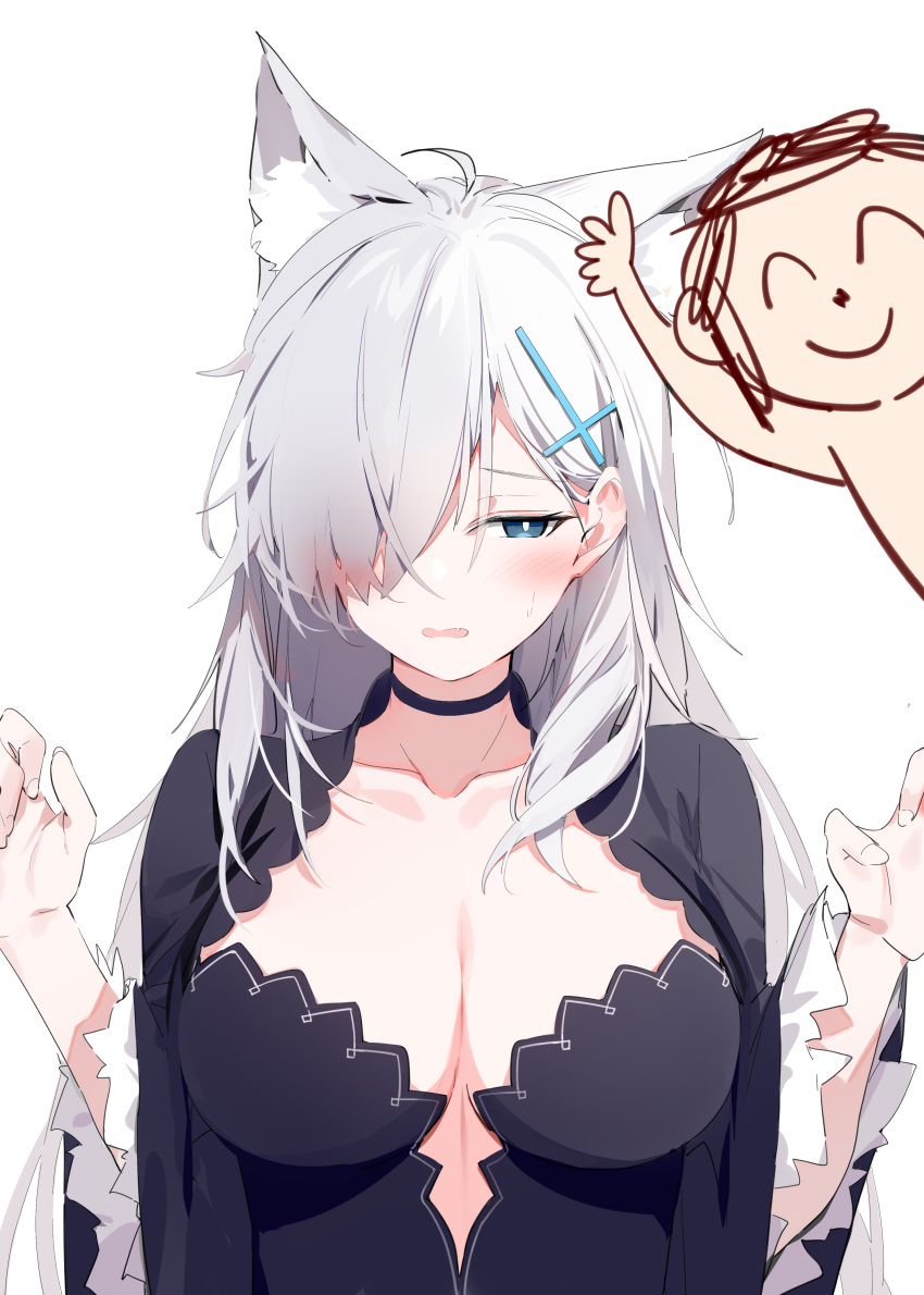 1boy 1girl absurdres animal_ear_fluff animal_ears arona's_sensei_doodle_(blue_archive) bangs black_choker black_dress blue_archive blue_eyes blush breasts choker cleavage collarbone cross_hair_ornament dress extra_ears grey_hair hair_ornament hair_over_one_eye highres large_breasts long_hair long_sleeves open_mouth sensei_(blue_archive) shiroko_(blue_archive) shiroko_(terror)_(blue_archive) silver_(chenwen) wide_sleeves wolf_ears