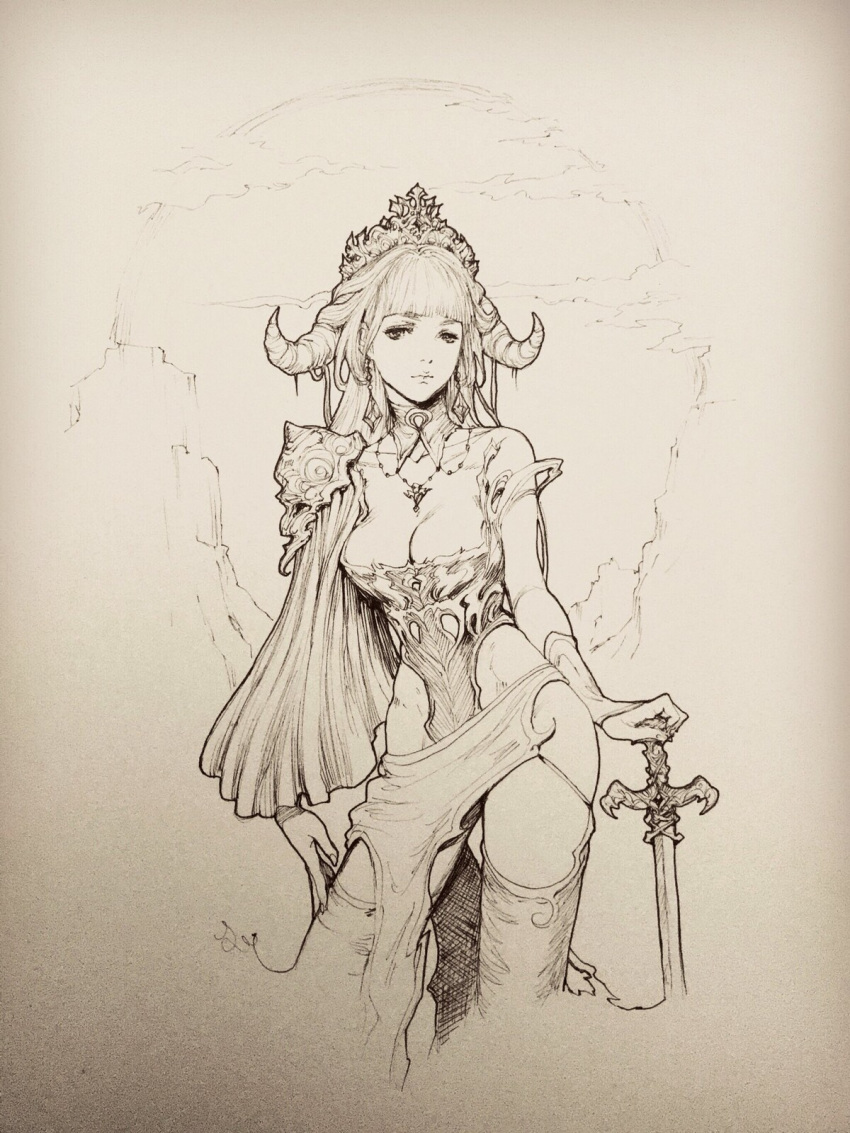 1girl armor breasts cleavage closed_mouth contrapposto cropped_legs detached_collar greyscale highleg highleg_leotard highres horns jasmin_darnell leotard lineart long_hair looking_at_viewer medium_breasts monochrome original pauldrons shoulder_armor single_pauldron solo sword thighhighs weapon