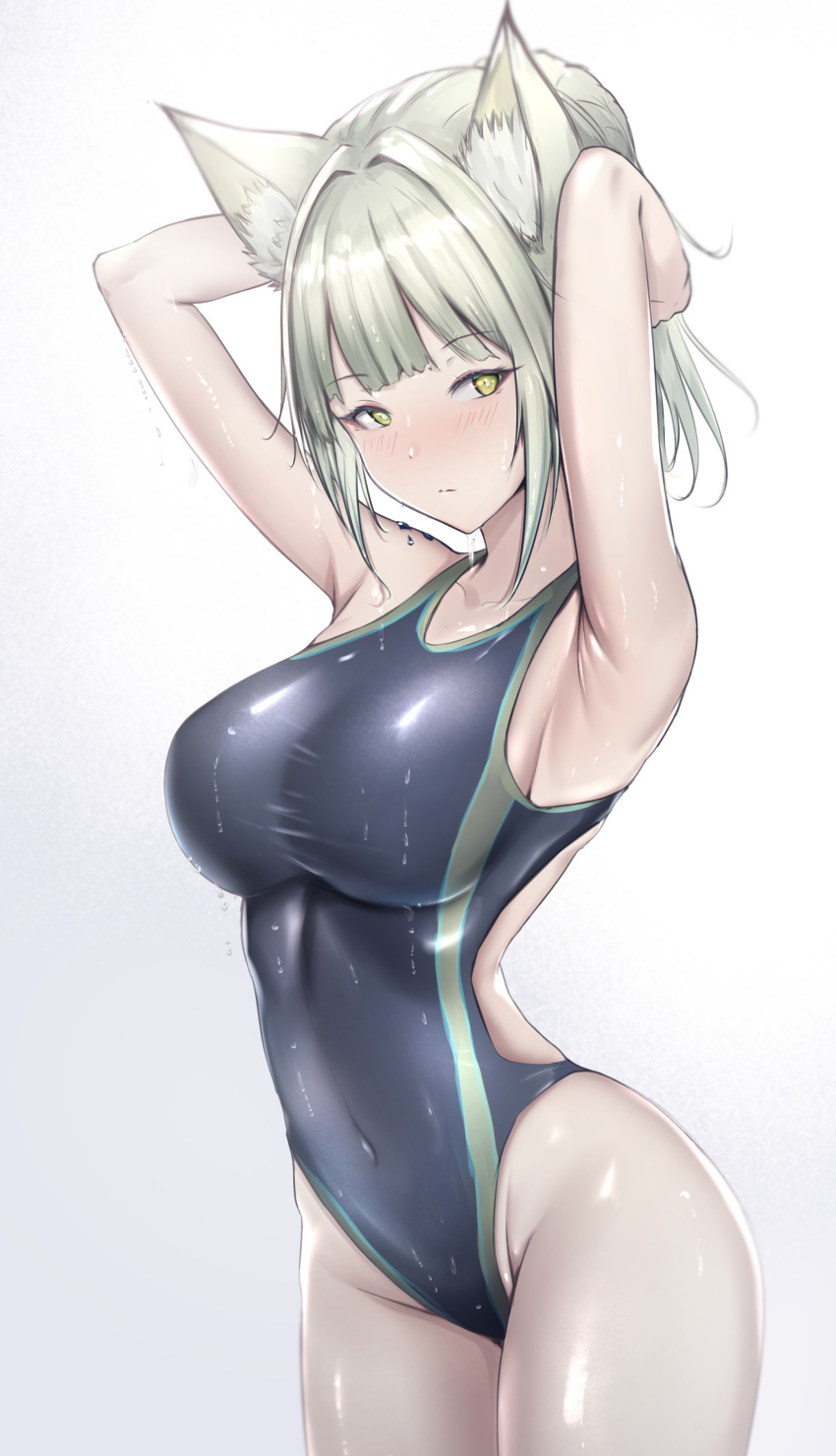 1girl absurdres animal_ear_fluff animal_ears arknights armpits arms_up bangs black_one-piece_swimsuit blunt_bangs blush breasts cat_ears closed_mouth competition_swimsuit covered_navel cowboy_shot grey_hair highres kal'tsit_(arknights) large_breasts looking_at_viewer one-piece_swimsuit oripathy_lesion_(arknights) poni_(poni_arknights) short_hair simple_background solo swimsuit wet wet_clothes wet_swimsuit white_background yellow_eyes