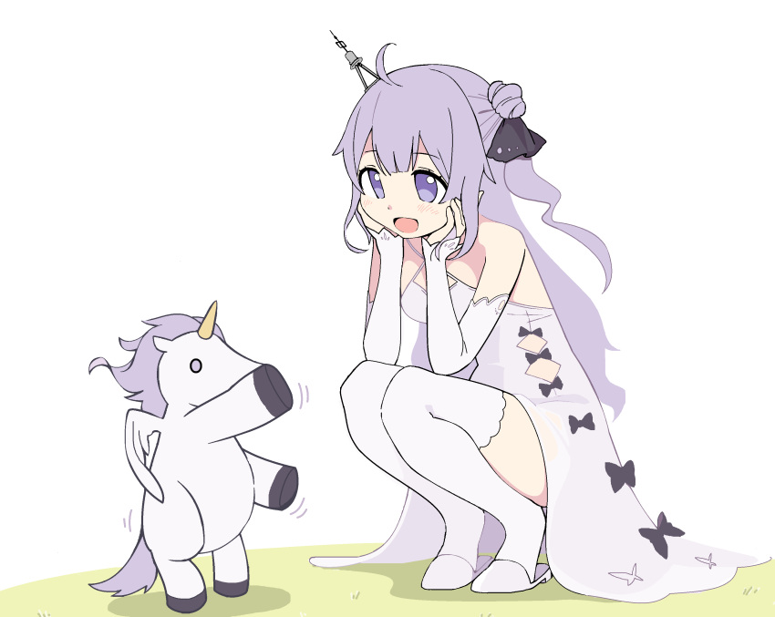1girl absurdres azur_lane bangs bare_shoulders black_ribbon dancing detached_sleeves dress elbow_rest haruiroto head_rest highres long_hair long_sleeves open_mouth purple_eyes purple_hair ribbon see-through see-through_dress simple_background smile squatting stuffed_winged_unicorn the_monkey thighhighs thighs unicorn_(azur_lane) white_dress white_thighhighs wings