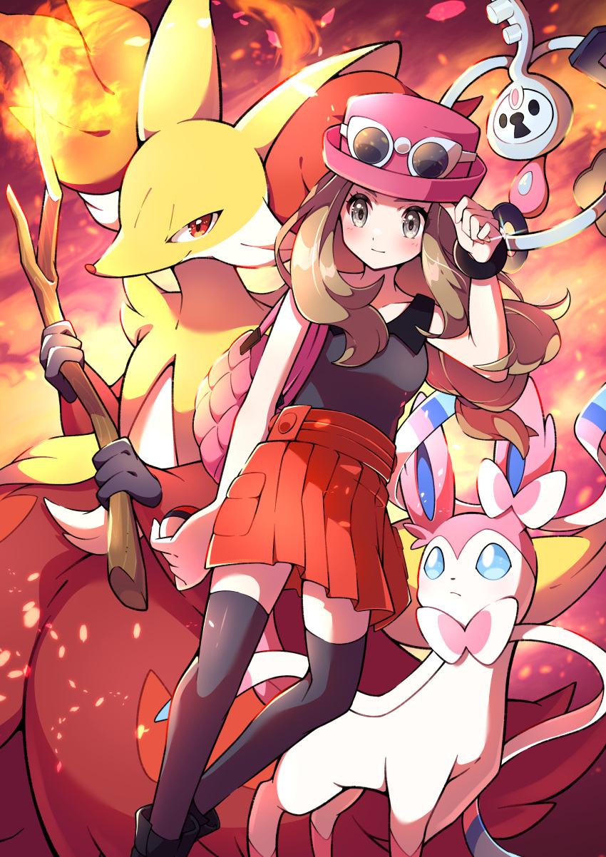 1girl absurdres animal_ear_fluff bag black_footwear blush brown_hair closed_mouth collared_shirt delphox eyelashes eyewear_on_headwear fire grey_eyes hand_up handbag hat highres klefki long_hair mega_ring pink_bag pink_headwear pokemon pokemon_(creature) pokemon_(game) pokemon_xy pon_yui red_skirt serena_(pokemon) shirt shoes skirt sleeveless sleeveless_shirt sunglasses sylveon thighhighs white-framed_eyewear