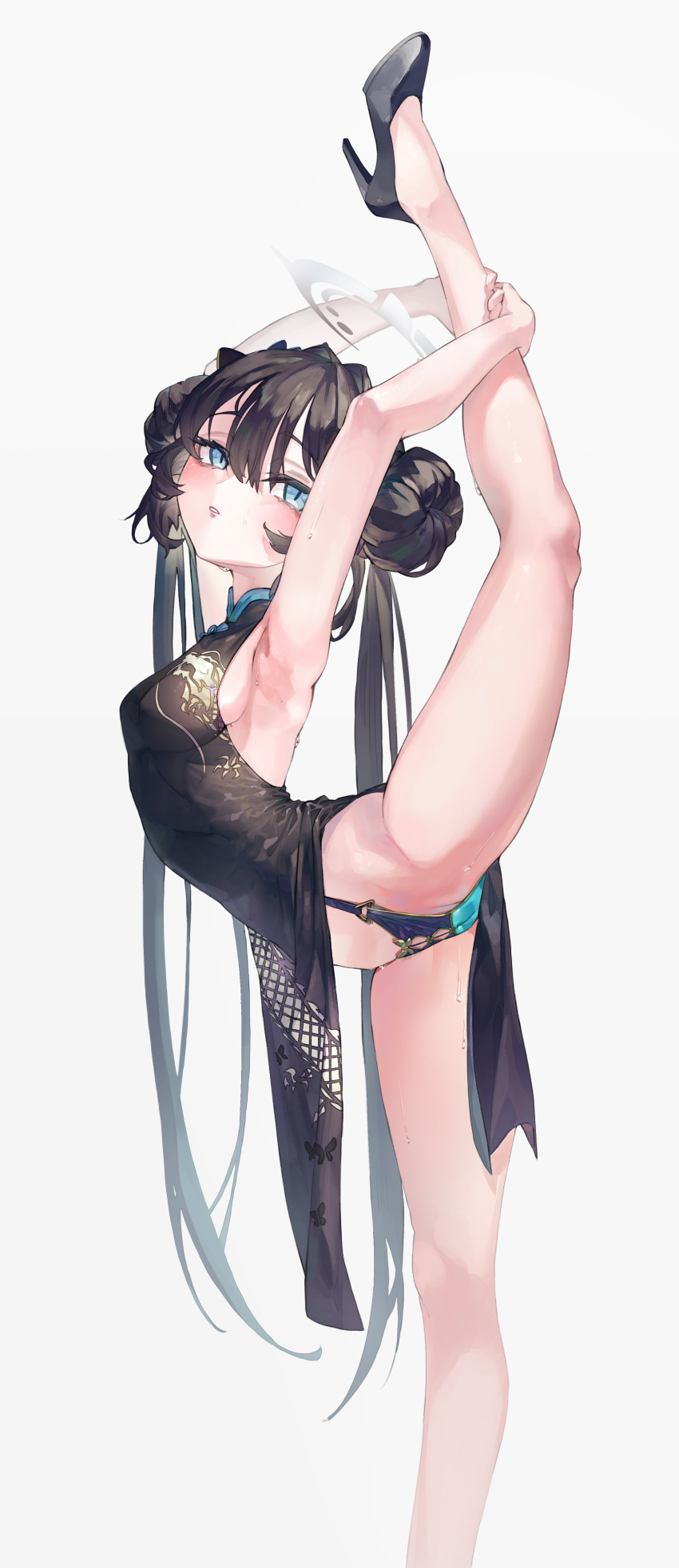 1girl absurdres armpits bangs bare_legs bare_shoulders black_dress black_hair blue_archive blue_eyes blush breasts butterfly_hair_ornament cameltoe china_dress chinese_clothes double_bun dragon_print dress flexible hair_bun hair_ornament halo high_heels highres kisaki_(blue_archive) kneepits leg_up legs long_hair looking_at_viewer miwerjooggetser panties parted_lips sleeveless sleeveless_dress small_breasts solo split standing standing_on_one_leg standing_split thighs twintails underwear very_long_hair