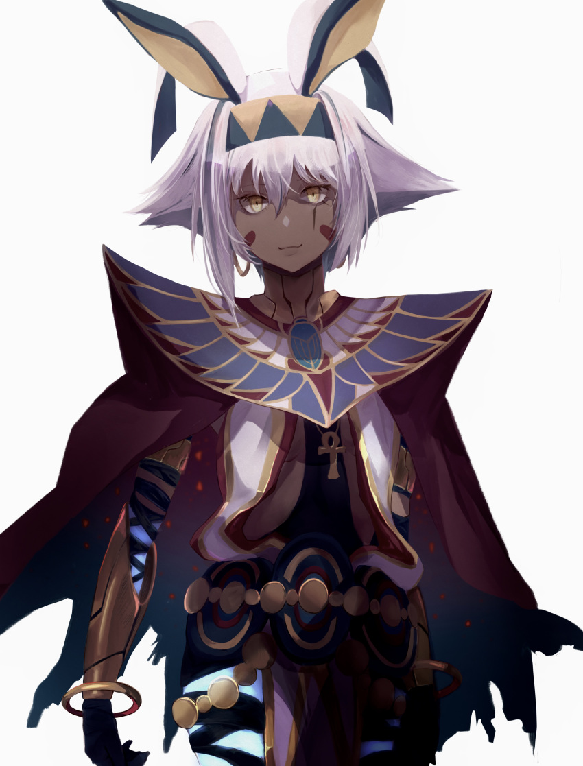 1girl absurdres animal_ears ankh antenna_hair armlet bandages bangs belly_chain black_bandages black_hair bracelet bracer breasts cape center_opening colored_inner_hair dark-skinned_female dark_skin dress earrings facepaint facial_mark fate/grand_order fate_(series) glowing_skin gold_trim hairband highres hoop_earrings jackal_ears jewelry looking_at_viewer medium_breasts multicolored_hair nitocris_(fate) nitocris_alter_(fate) nitocris_alter_(second_ascension)_(fate) pelvic_curtain red_cape short_hair sidelocks smile solo streaked_hair t_(atani79) thighlet thighs usekh_collar white_background white_dress white_hair yellow_eyes